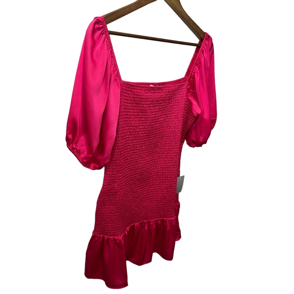 NSR HOT PINK SMOCKED STRETCHY DRESS WITH BALOON SHORT SLEEVES - Picture 4 of 13